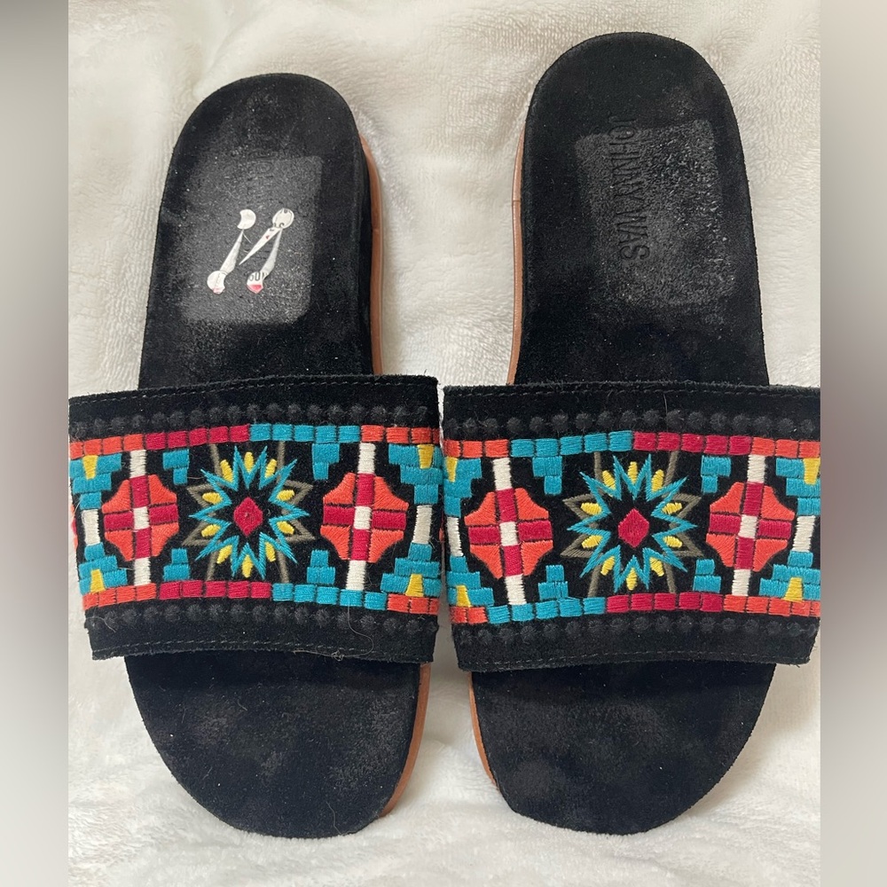 Johnny Was Black Sandals with Multicolor Embroidery Size 6